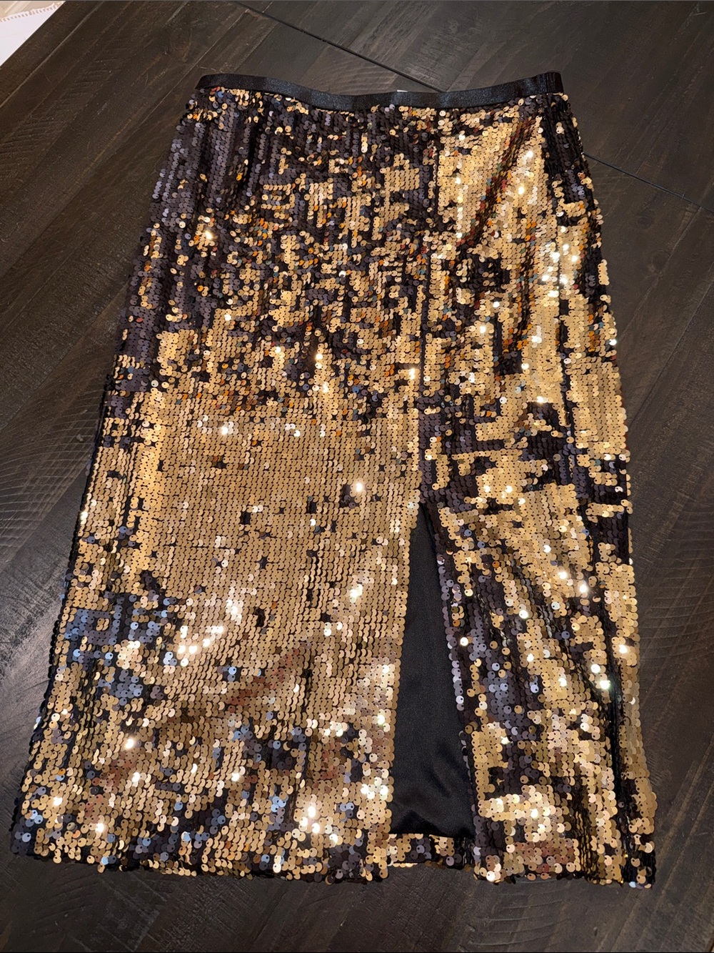 Nine West Black & Gold Sequin Midi Pencil Skirt High-rise Size M